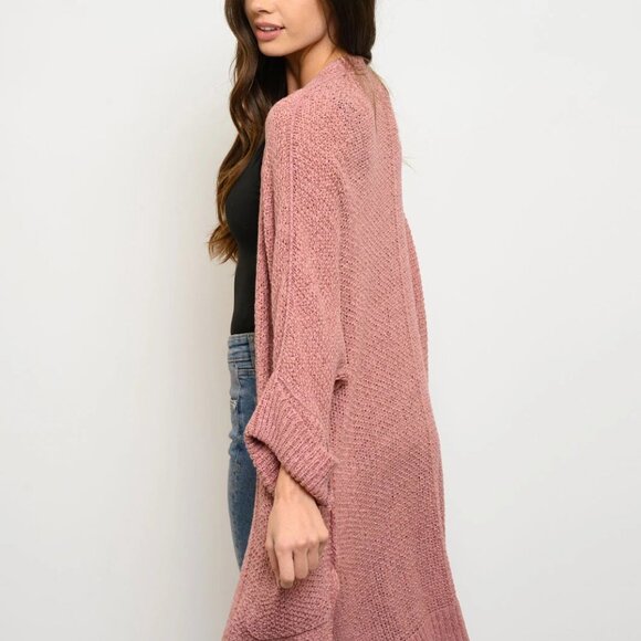 LONG SLEEVE SIDE SLITS POCKETS CARDIGAN Pink - Picture 8 of 8